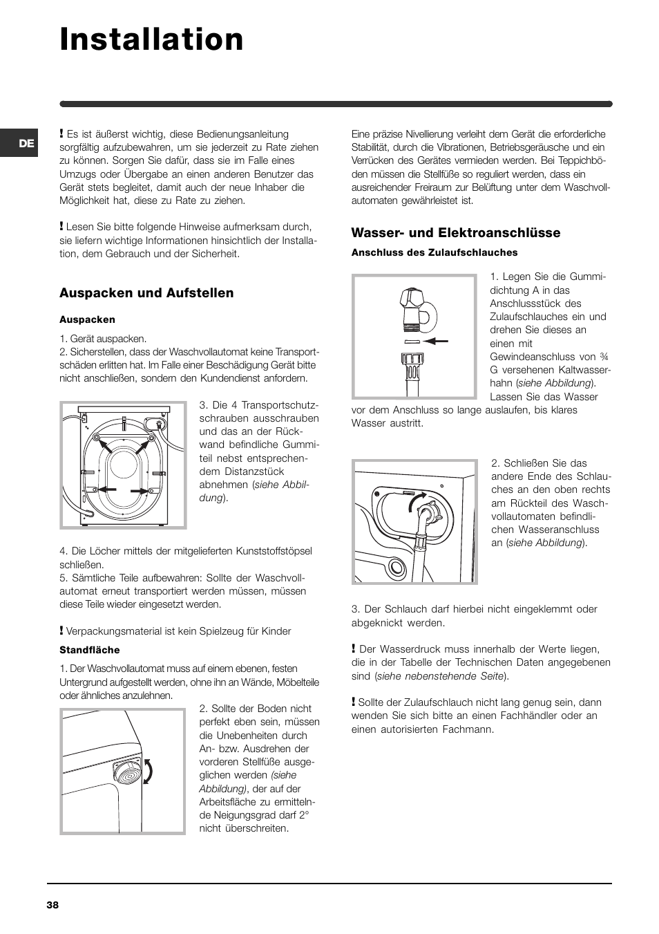 Installation, Auspacken und aufstellen, Wasser- und elektroanschlüsse | Indesit WI142 User Manual | Page 38 / 48