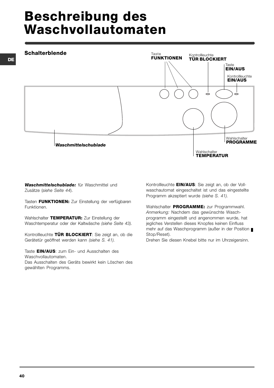 Beschreibung des waschvollautomaten | Indesit WI142 User Manual | Page 40 / 48