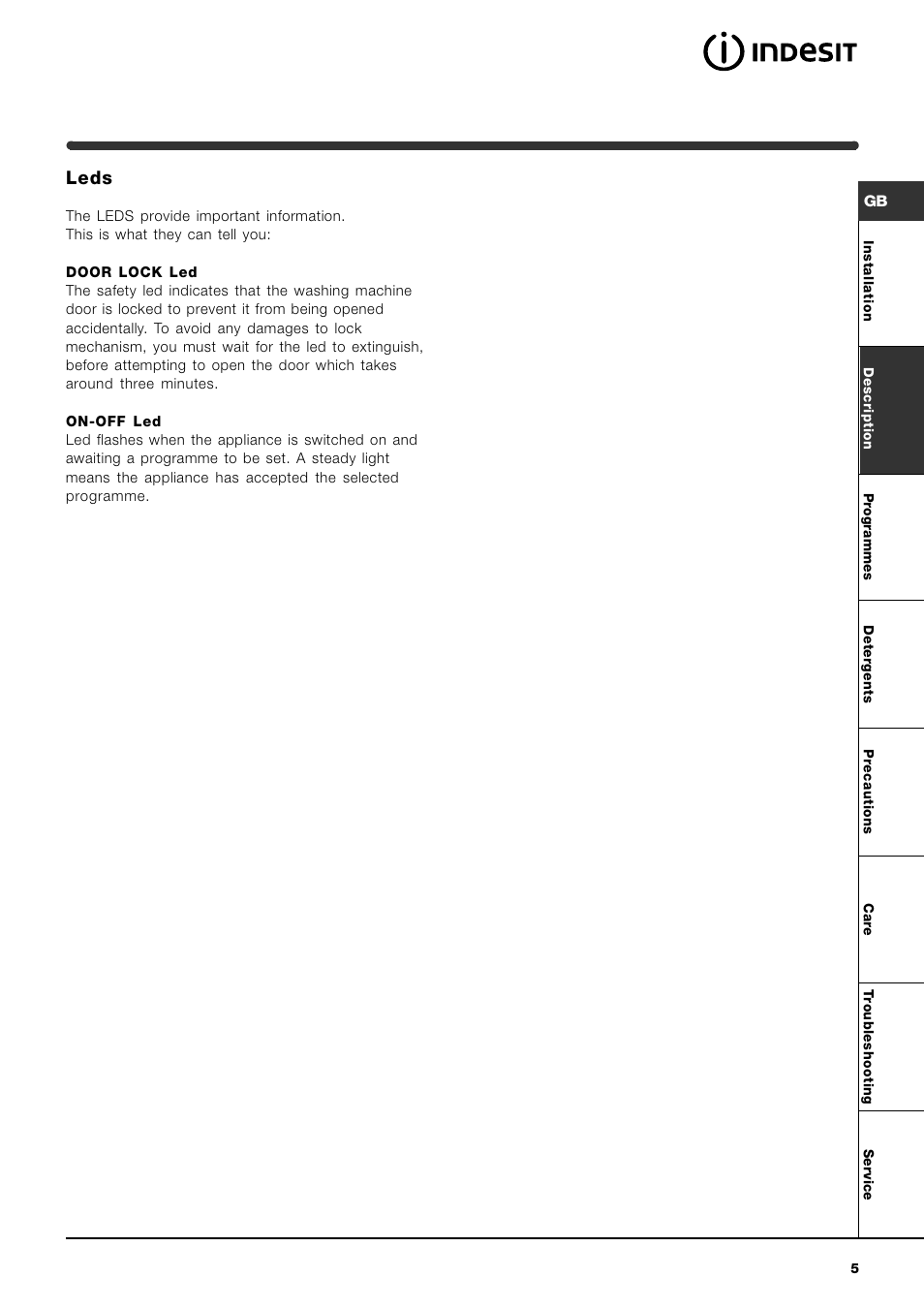 Leds | Indesit WI142 User Manual | Page 5 / 48