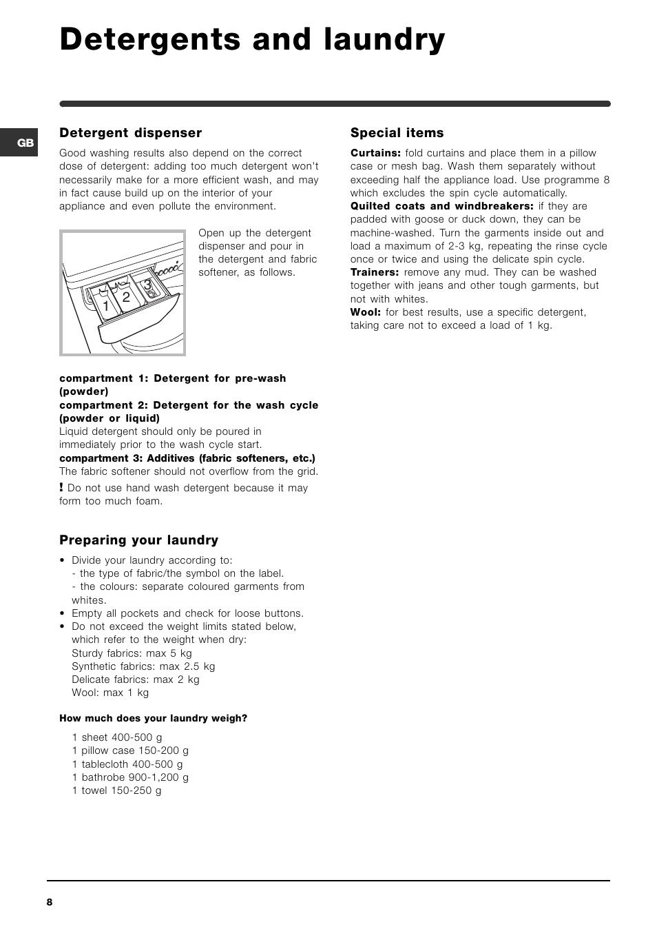Detergents and laundry | Indesit WI142 User Manual | Page 8 / 48