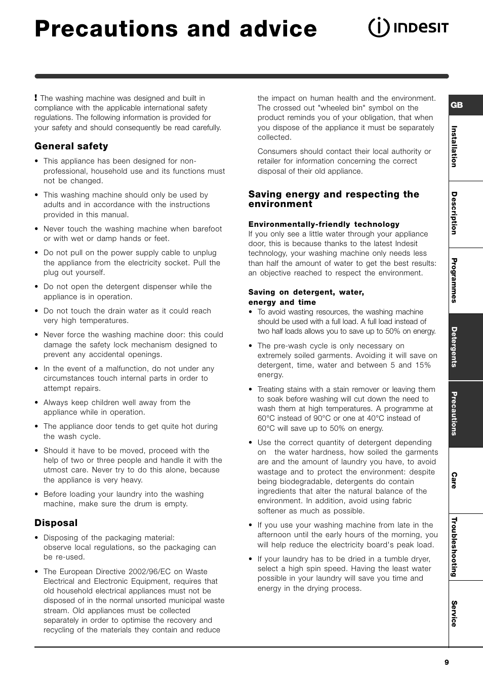 Precautions and advice, General safety, Disposal | Saving energy and respecting the environment | Indesit WI142 User Manual | Page 9 / 48