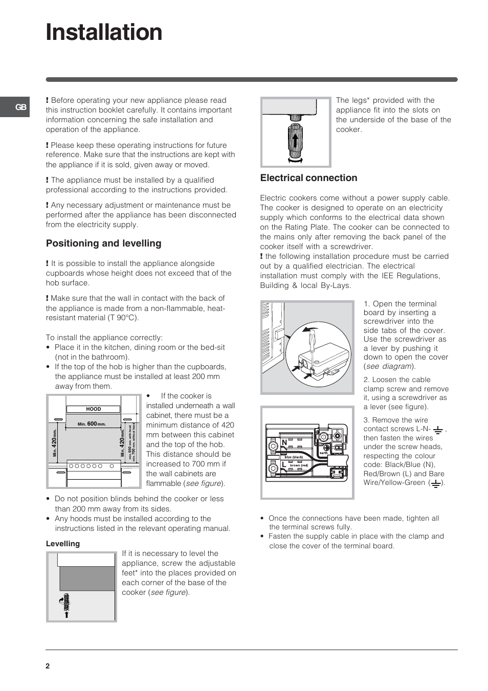 Installation, Positioning and levelling, Electrical connection | Indesit Cooker and IS60C1 User Manual | Page 2 / 12