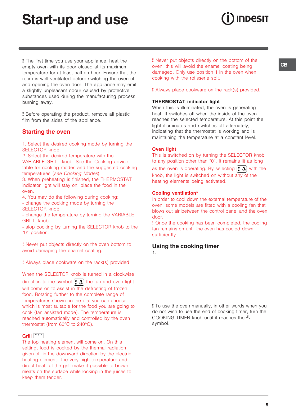 Start-up and use | Indesit Cooker and IS60C1 User Manual | Page 5 / 12
