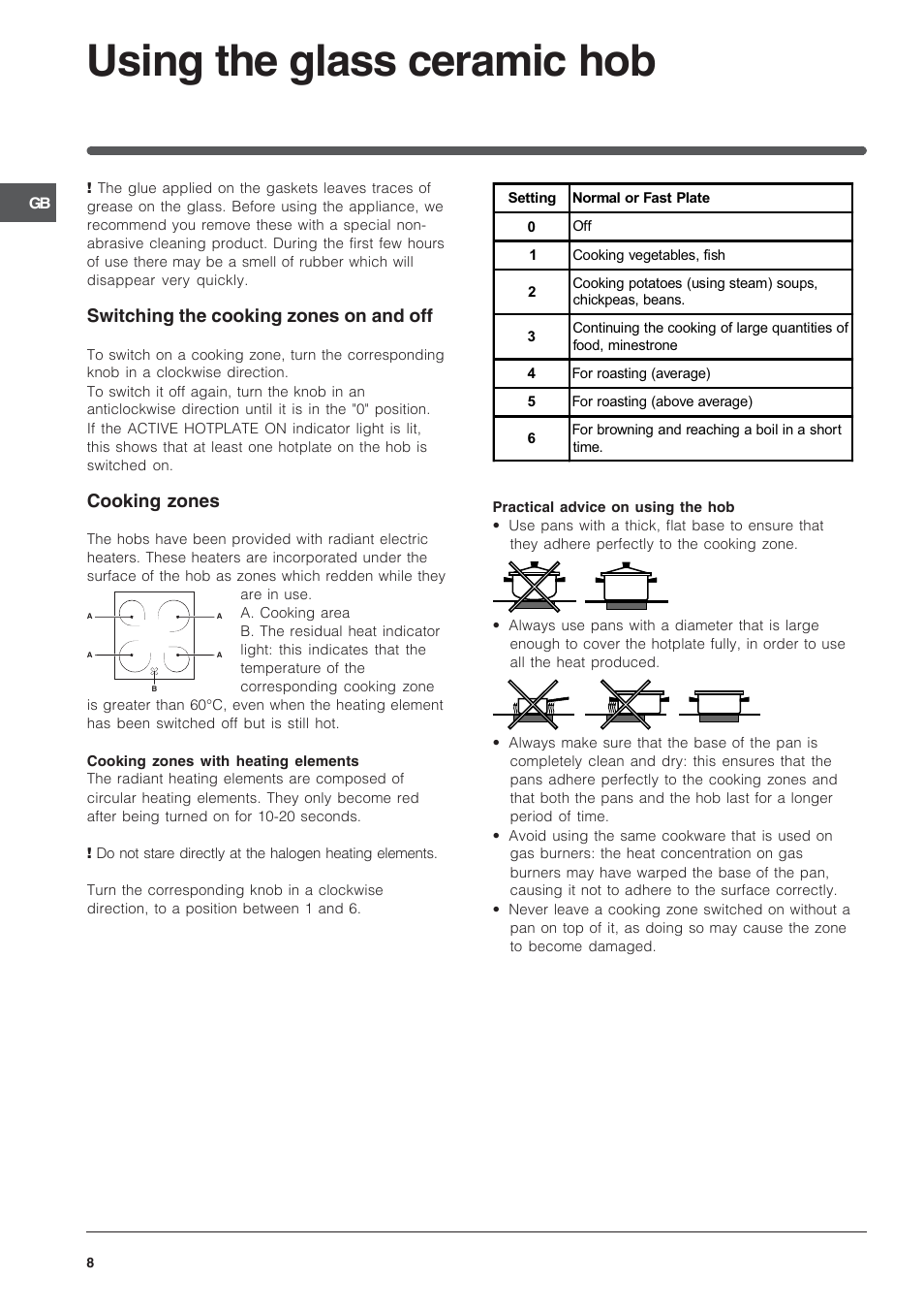 Using the glass ceramic hob, Switching the cooking zones on and off, Cooking zones | Indesit Cooker and IS60C1 User Manual | Page 8 / 12