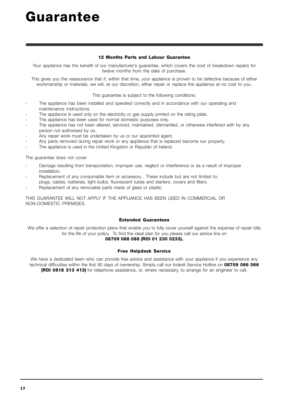 Guarantee | Indesit IWDE 12 User Manual | Page 17 / 20