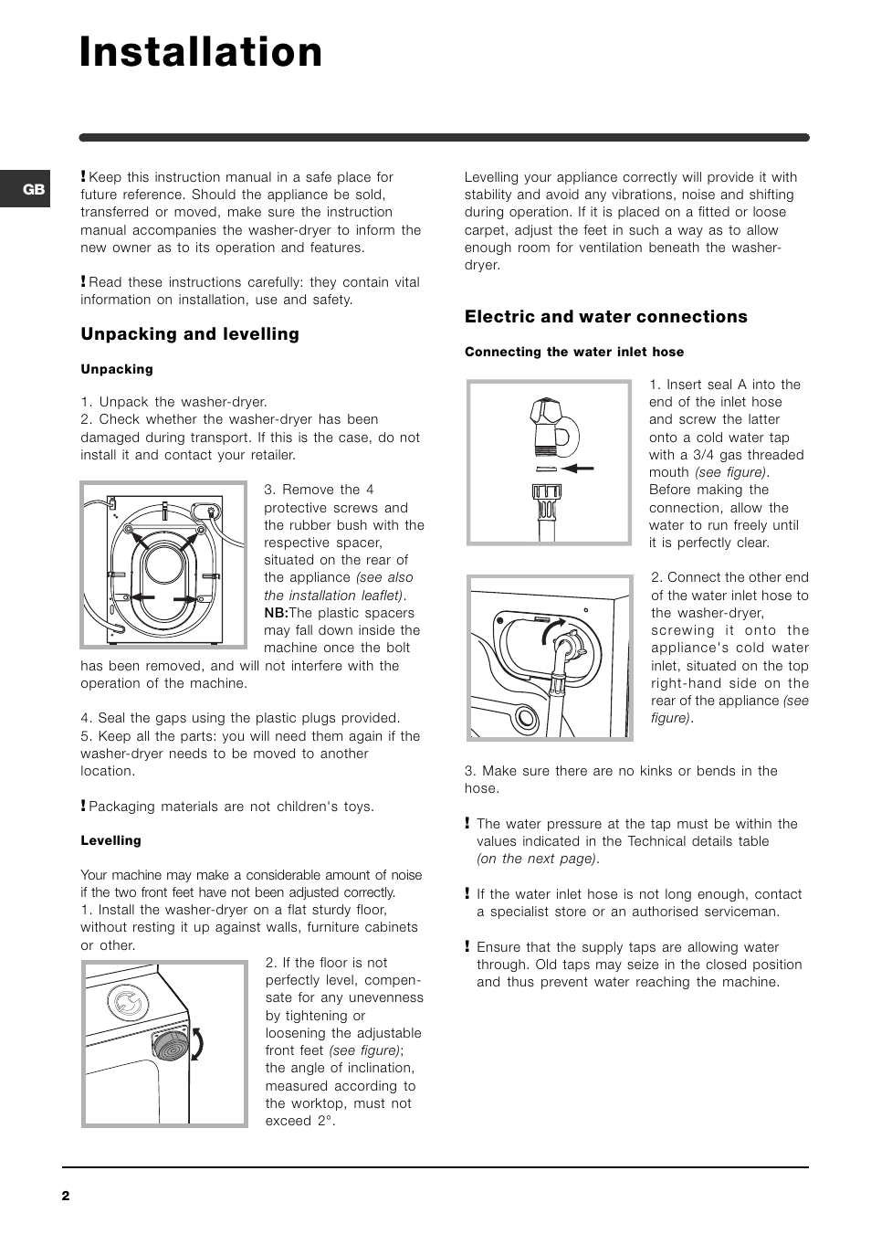 Installation, Unpacking and levelling, Electric and water connections | Indesit IWDE 12 User Manual | Page 2 / 20