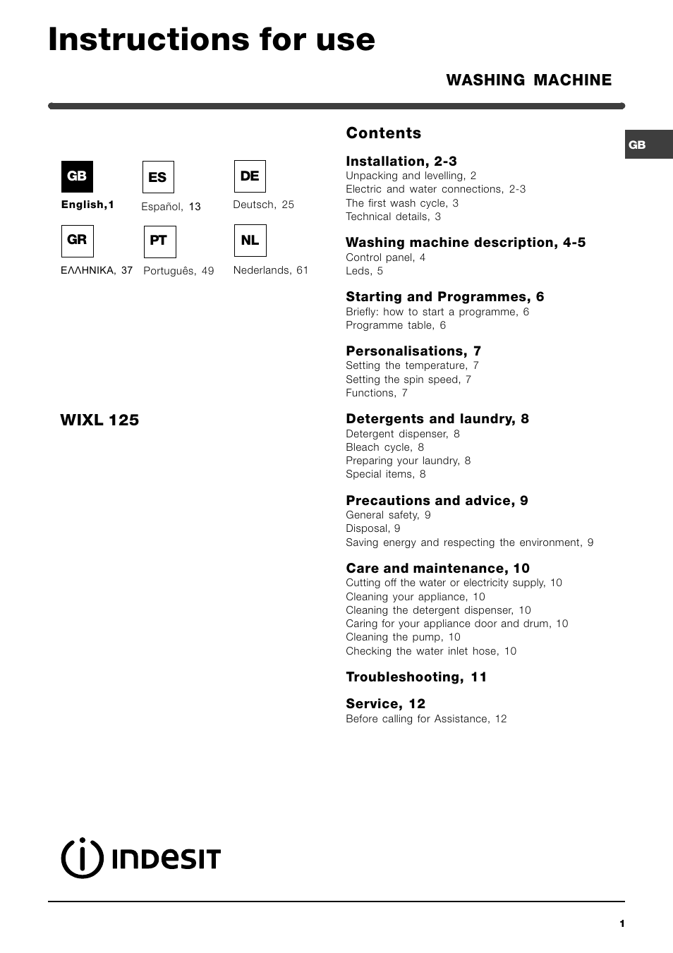 Indesit WIXL 125 User Manual | 72 pages