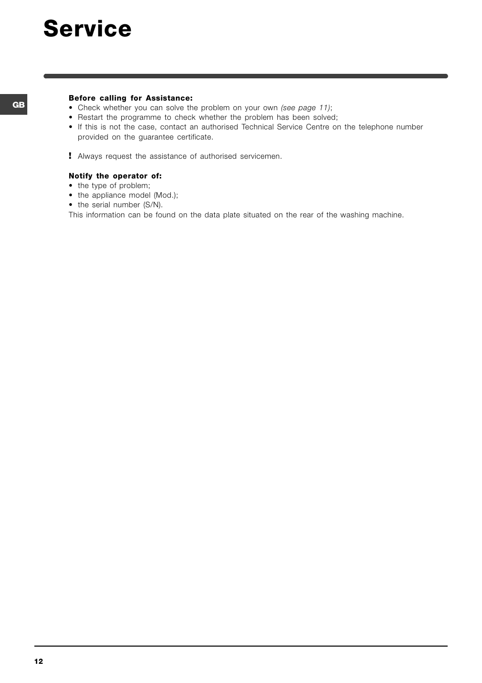 Service | Indesit WIXL 125 User Manual | Page 12 / 72