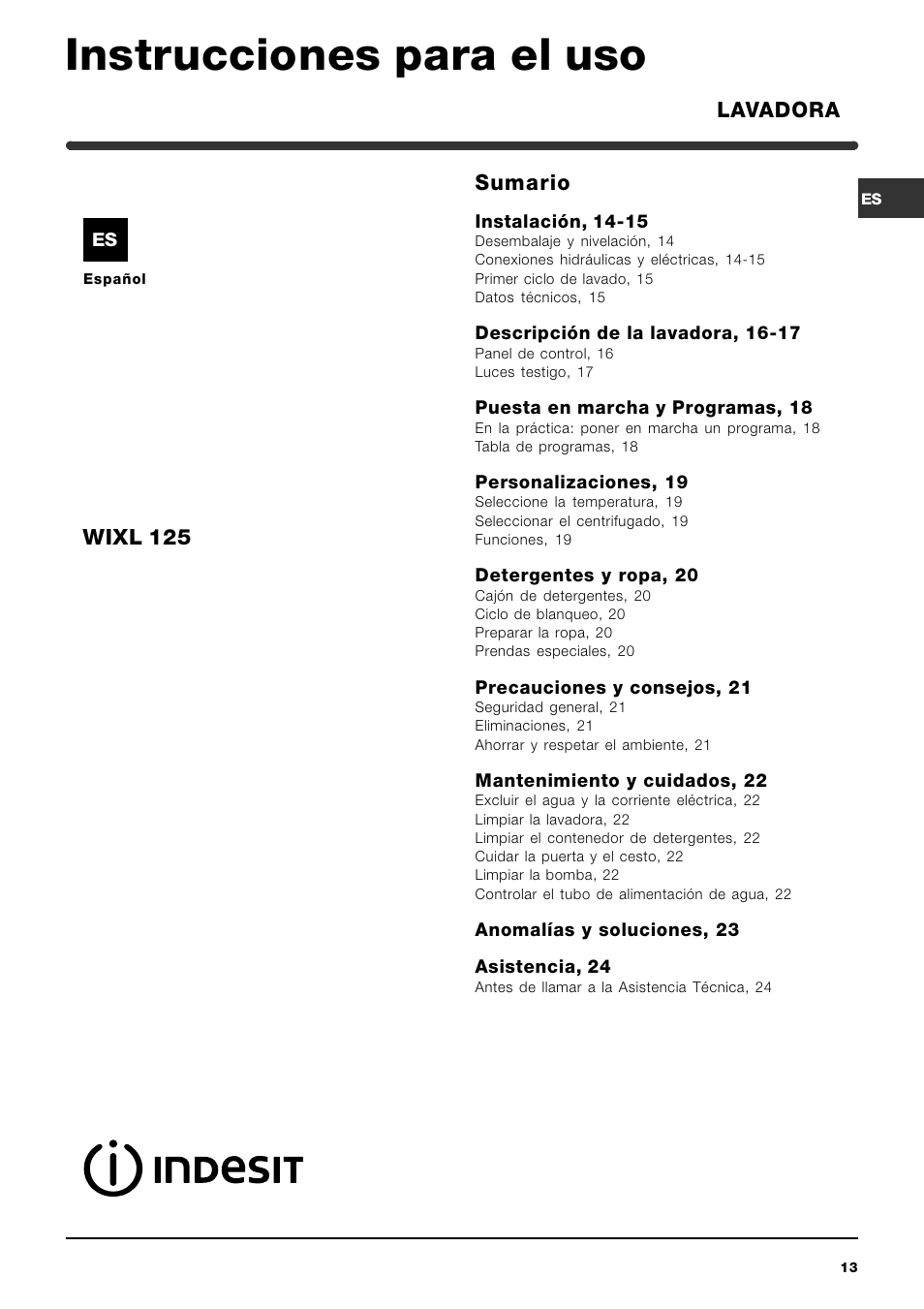 Instrucciones para el uso, Sumario, Lavadora wixl 125 | Indesit WIXL 125 User Manual | Page 13 / 72