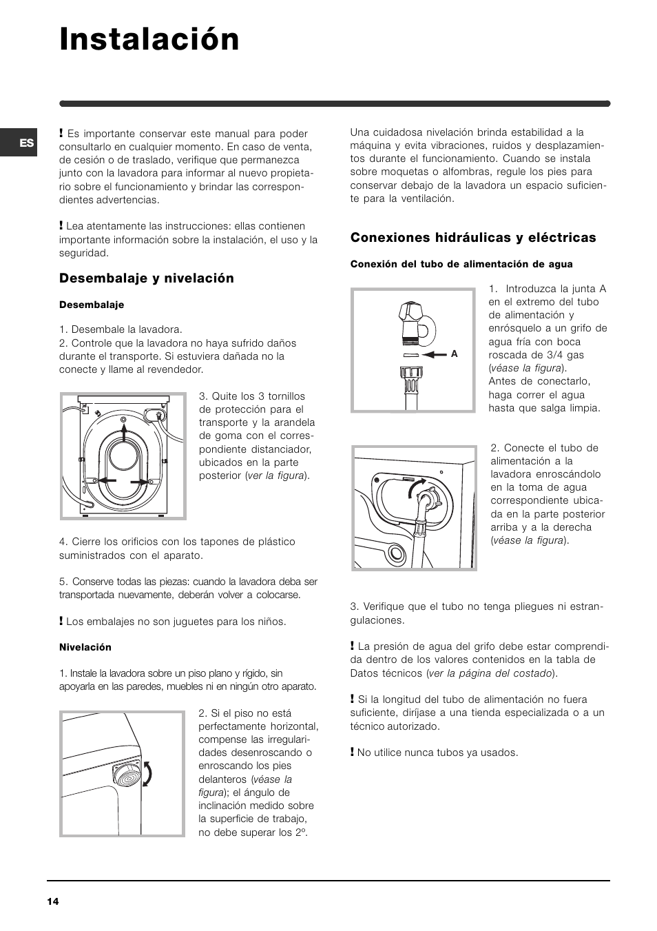 Instalación, Desembalaje y nivelación, Conexiones hidráulicas y eléctricas | Indesit WIXL 125 User Manual | Page 14 / 72