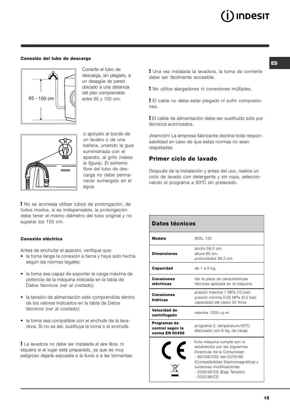 Primer ciclo de lavado, Datos técnicos | Indesit WIXL 125 User Manual | Page 15 / 72