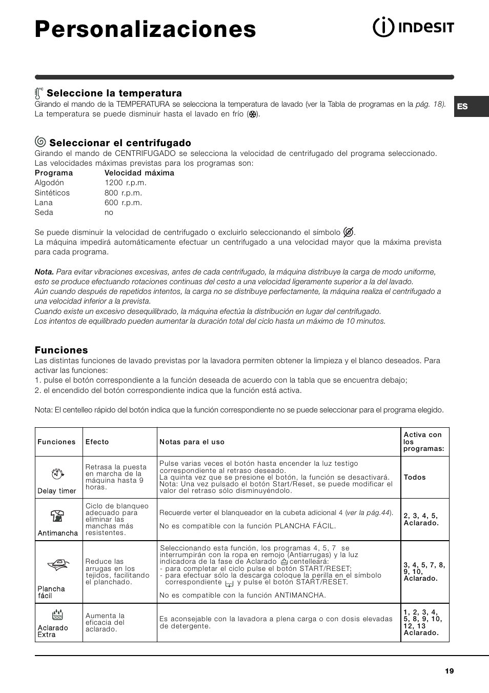 Personalizaciones, Seleccione la temperatura, Seleccionar el centrifugado | Funciones | Indesit WIXL 125 User Manual | Page 19 / 72