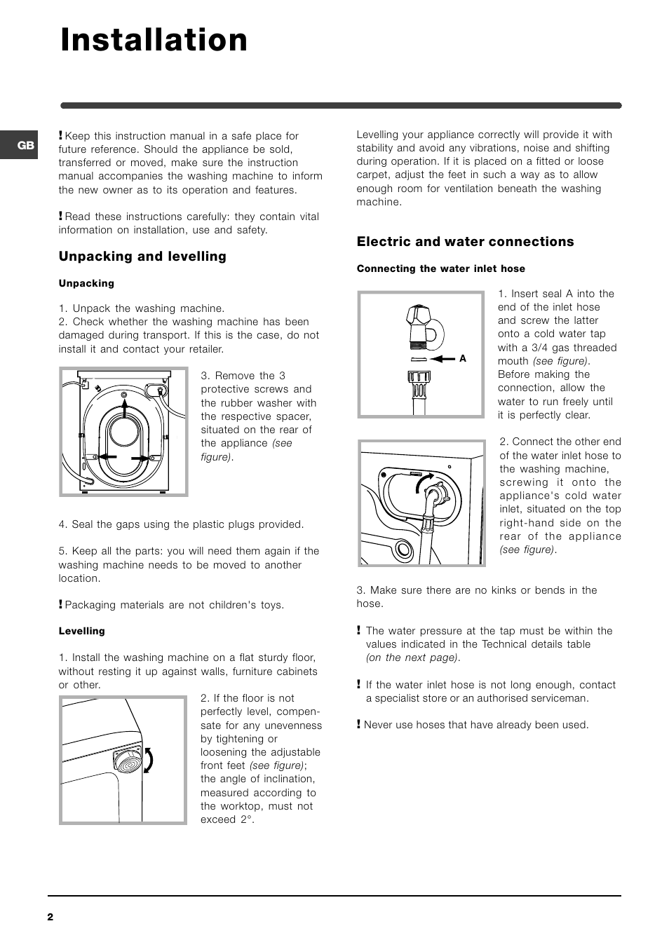 Installation, Unpacking and levelling, Electric and water connections | Indesit WIXL 125 User Manual | Page 2 / 72