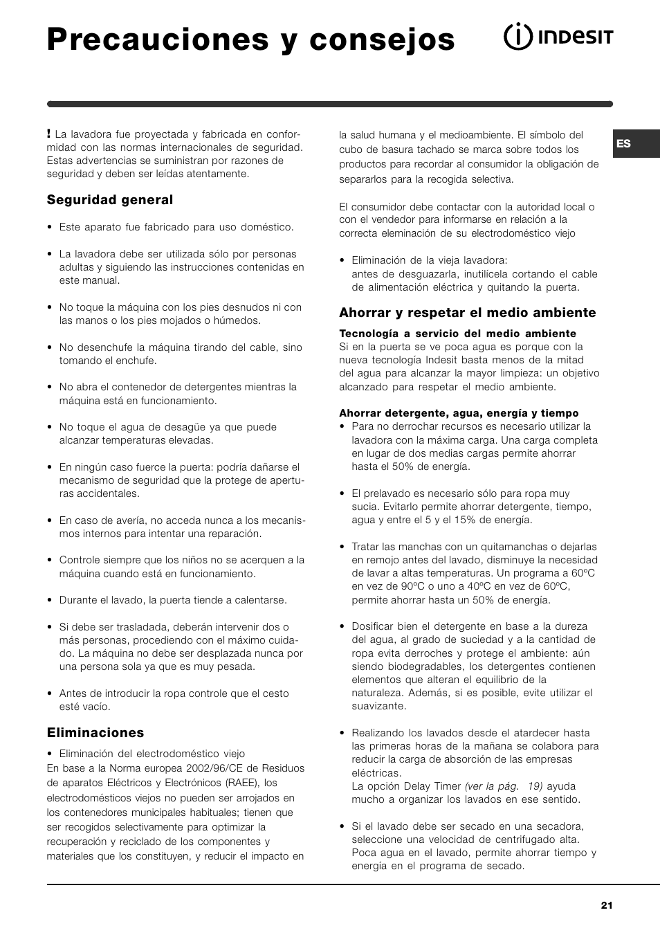 Precauciones y consejos | Indesit WIXL 125 User Manual | Page 21 / 72