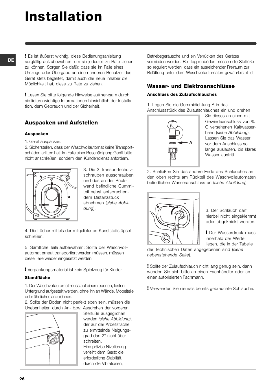 Installation, Auspacken und aufstellen, Wasser- und elektroanschlüsse | Indesit WIXL 125 User Manual | Page 26 / 72