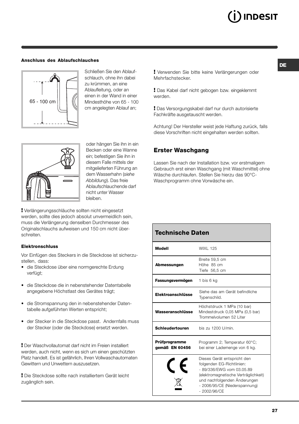Technische daten, Erster waschgang | Indesit WIXL 125 User Manual | Page 27 / 72