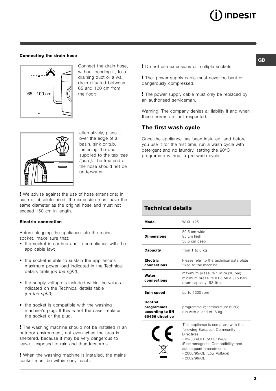 The first wash cycle, Technical details | Indesit WIXL 125 User Manual | Page 3 / 72