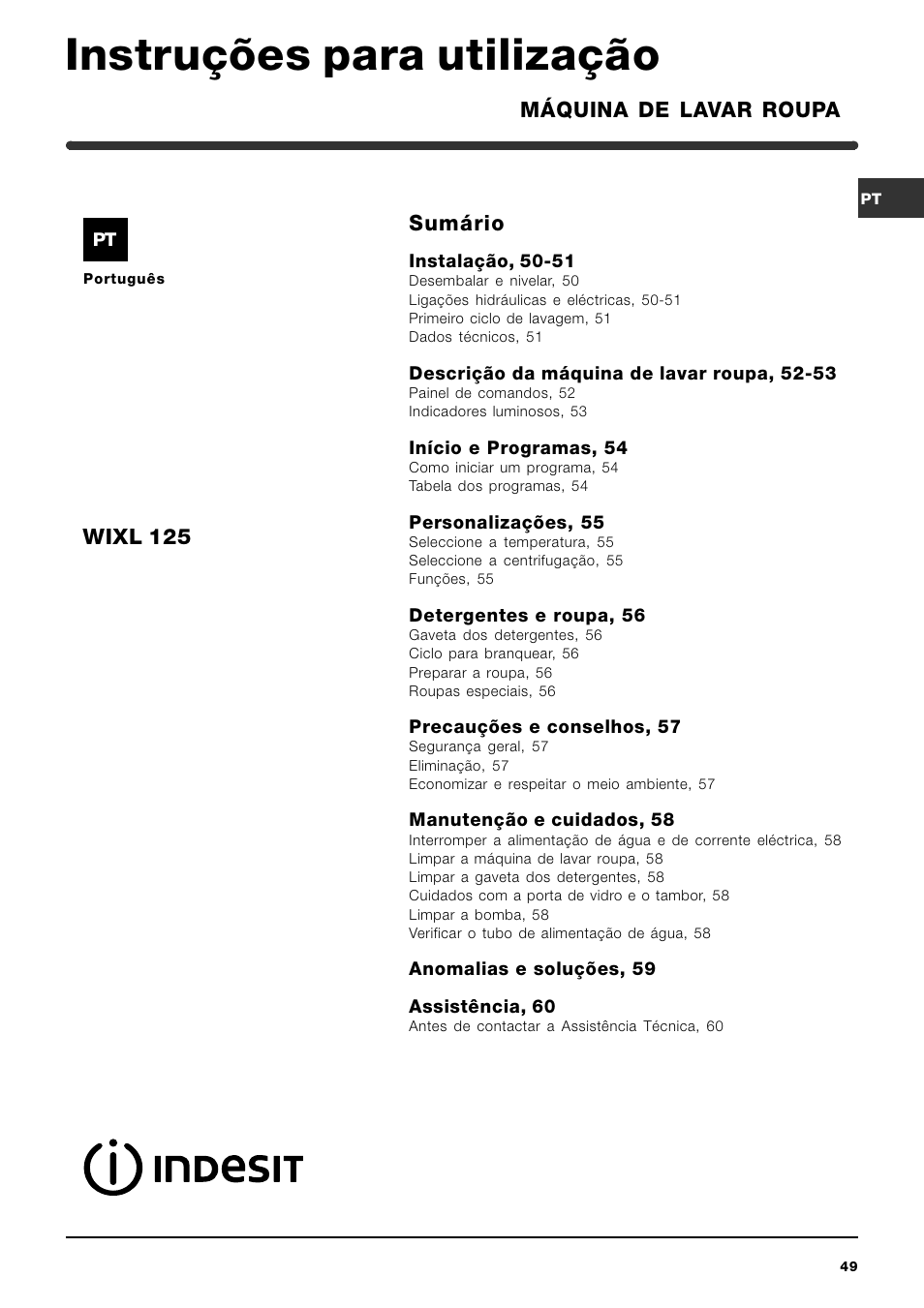 Instruções para utilização, Sumário, Máquina de lavar roupa wixl 125 | Indesit WIXL 125 User Manual | Page 49 / 72