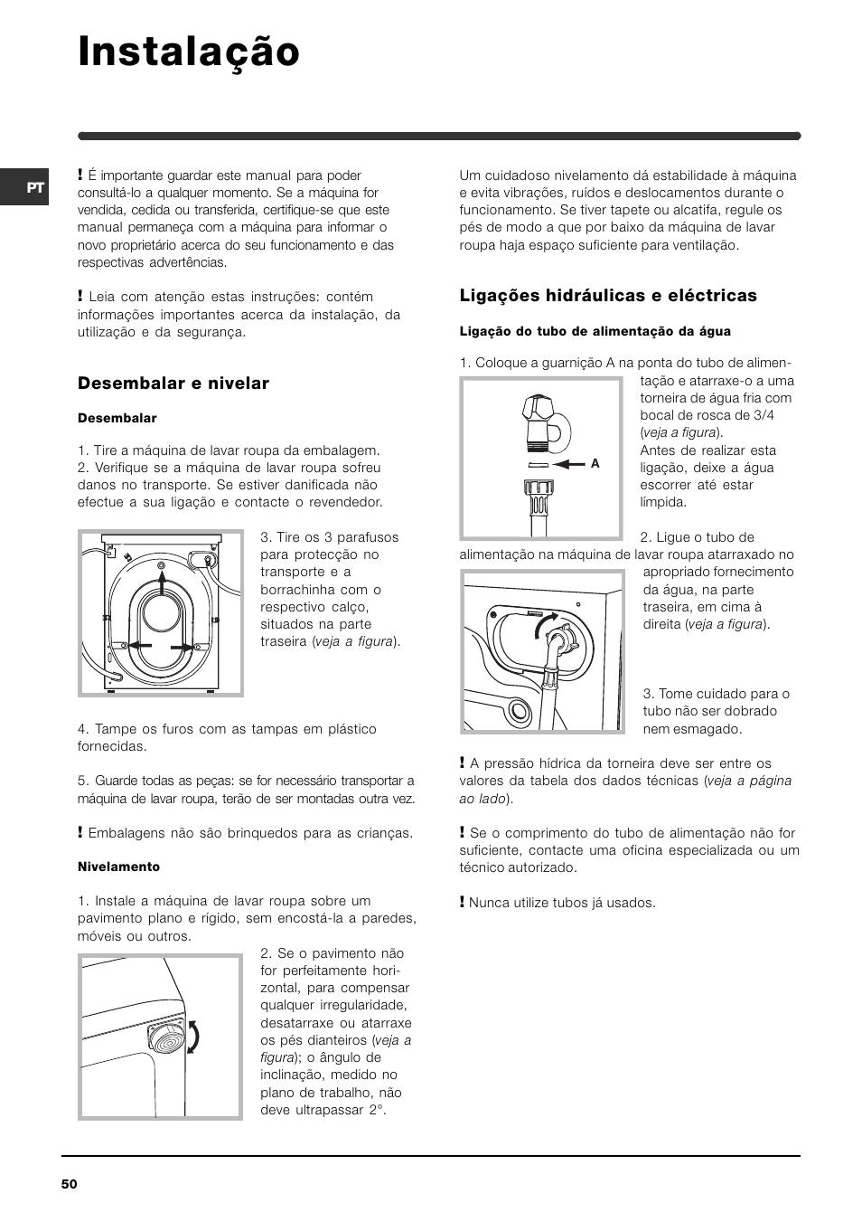 Instalação | Indesit WIXL 125 User Manual | Page 50 / 72