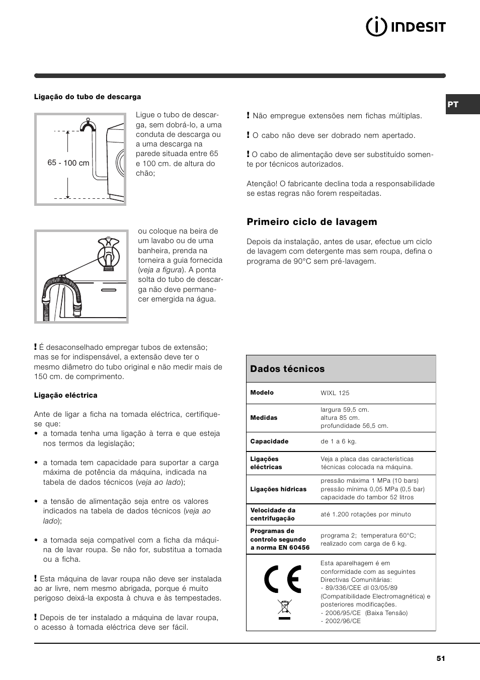 Primeiro ciclo de lavagem, Dados técnicos | Indesit WIXL 125 User Manual | Page 51 / 72