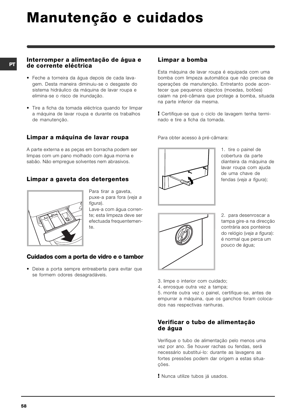 Manutenção e cuidados | Indesit WIXL 125 User Manual | Page 58 / 72