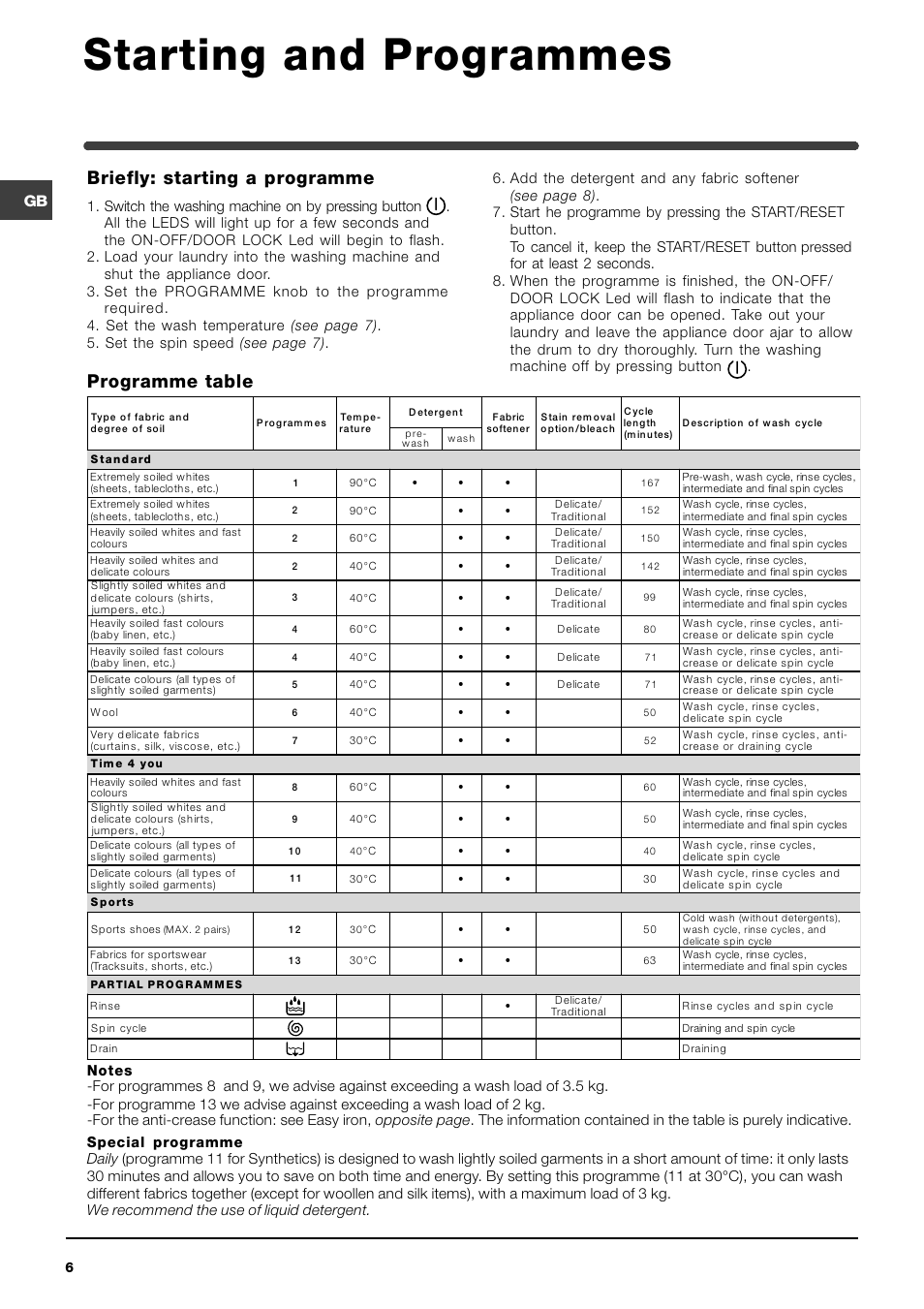 Starting and programmes, Programme table briefly: starting a programme | Indesit WIXL 125 User Manual | Page 6 / 72