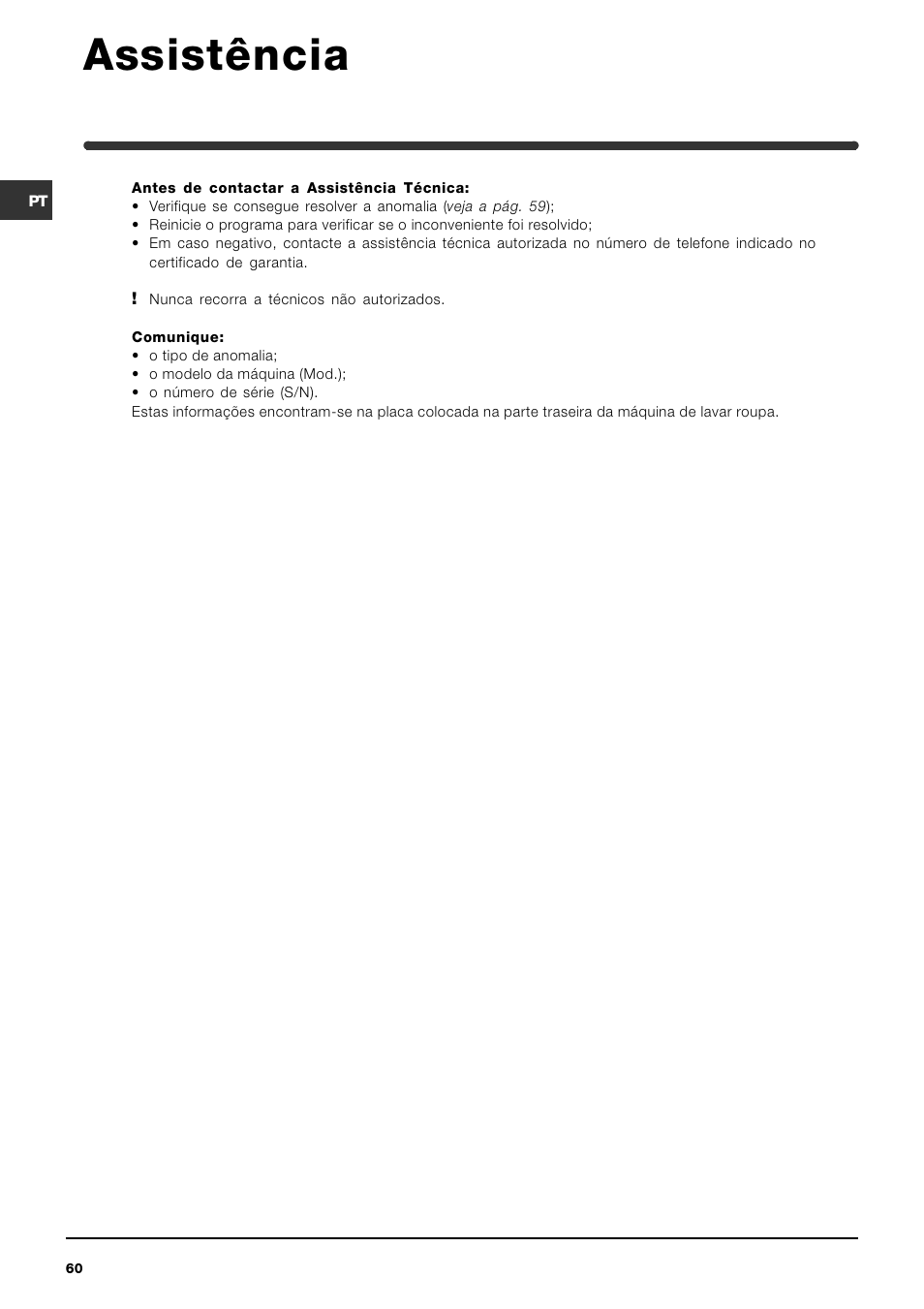 Assistência | Indesit WIXL 125 User Manual | Page 60 / 72