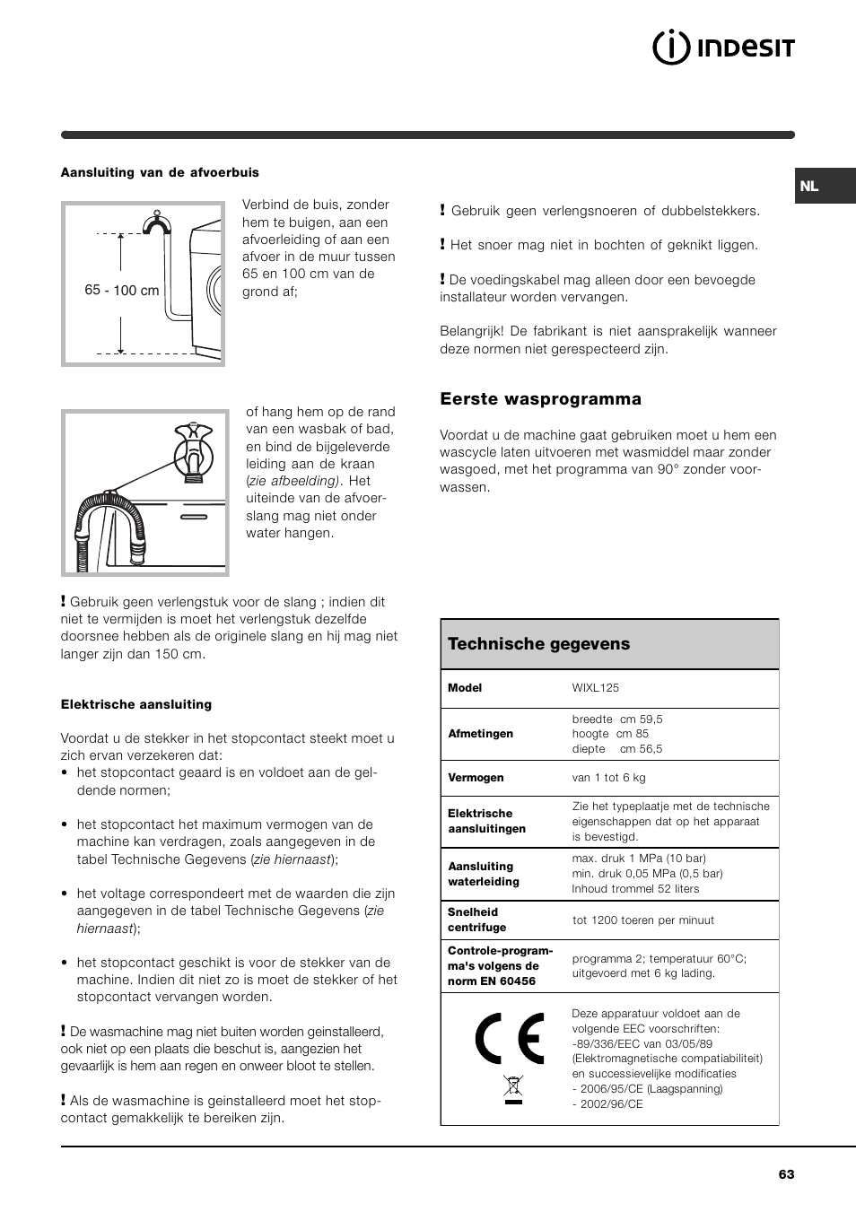 Eerste wasprogramma, Technische gegevens | Indesit WIXL 125 User Manual | Page 63 / 72