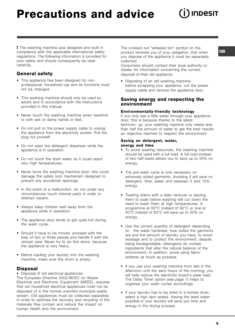 Precautions and advice, General safety, Disposal | Saving energy and respecting the environment | Indesit WIXL 125 User Manual | Page 9 / 72
