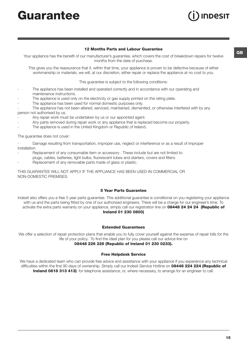 Guarantee | Indesit IWD 7168 S User Manual | Page 15 / 16