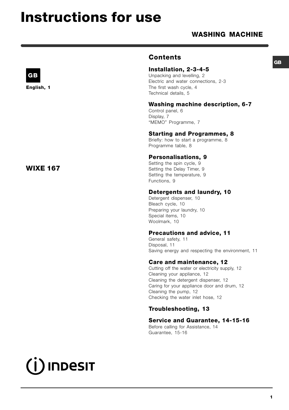 Indesit WIXE 167 User Manual | 16 pages