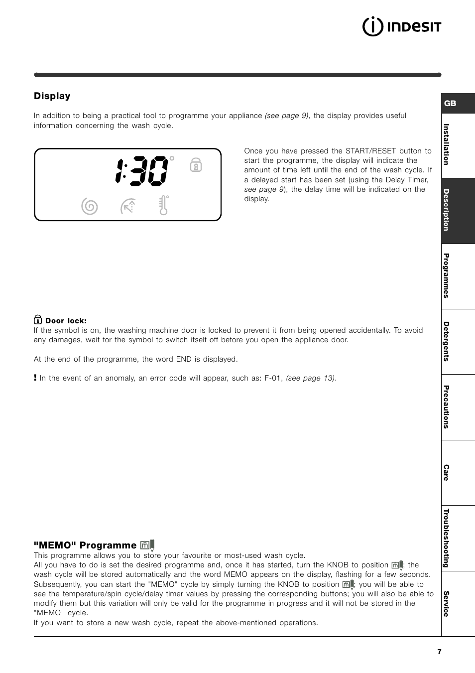 Display | Indesit WIXE 167 User Manual | Page 7 / 16