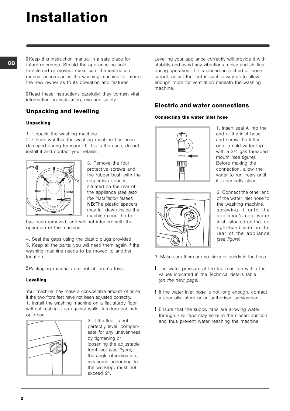 Installation, Unpacking and levelling, Electric and water connections | Indesit WIL 143 S User Manual | Page 2 / 16