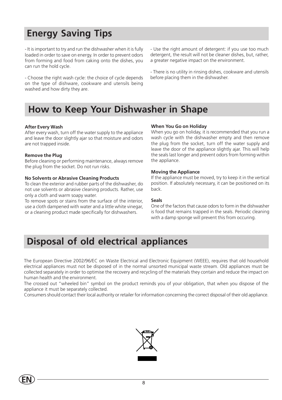 Energy saving tips, How to keep your dishwasher in shape, Disposal of old electrical appliances | Indesit IDL 40 User Manual | Page 10 / 16