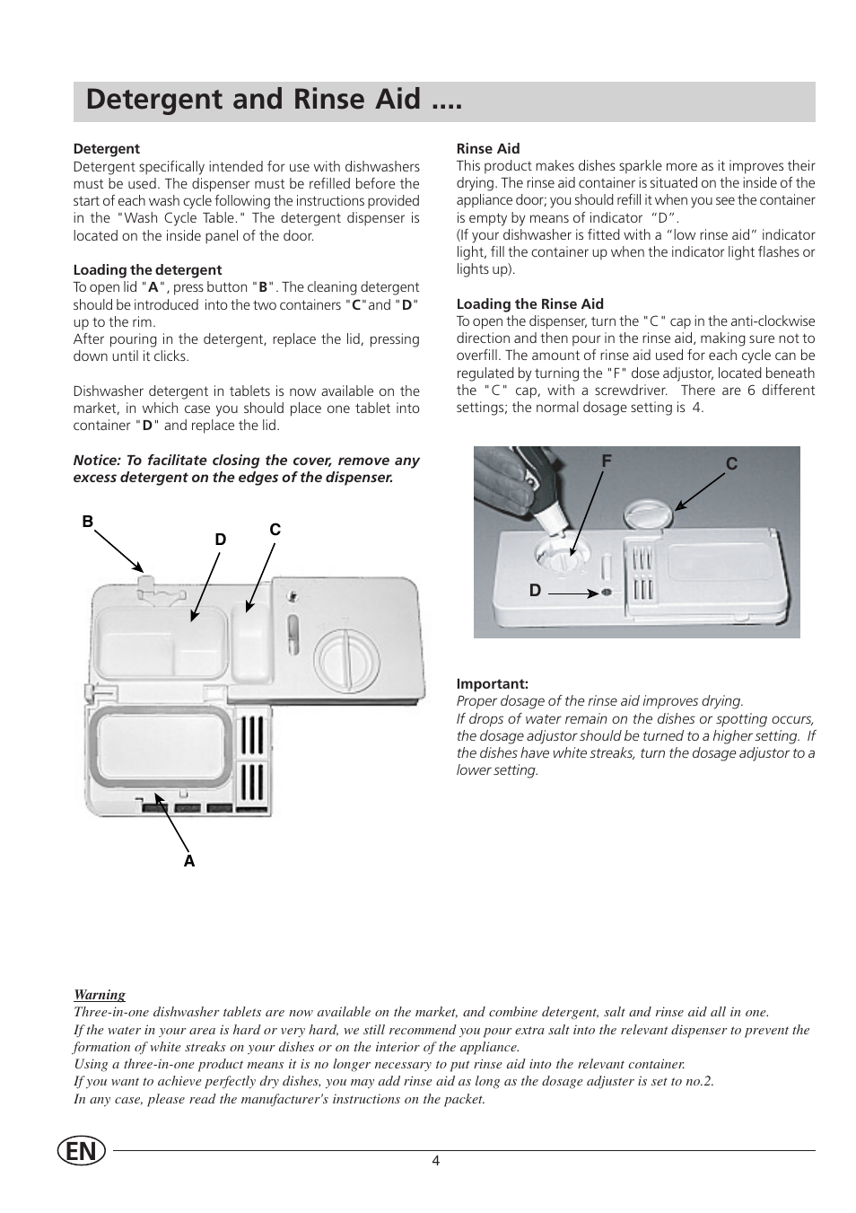 Detergent and rinse aid | Indesit IDL 40 User Manual | Page 6 / 16
