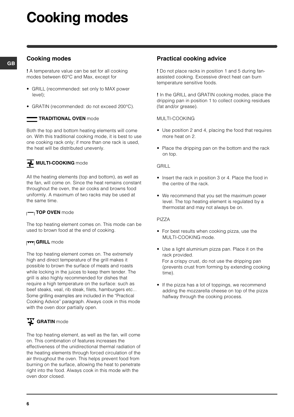 Cooking modes, Practical cooking advice | Indesit FIE 56 K.B GB User Manual | Page 6 / 12