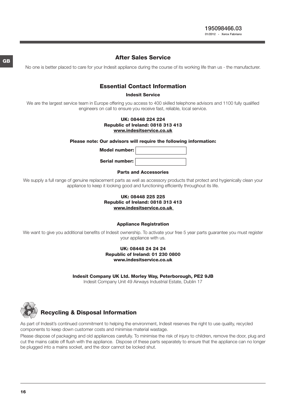 After sales service, Essential contact information, Recycling & disposal information | Indesit IWE User Manual | Page 16 / 16