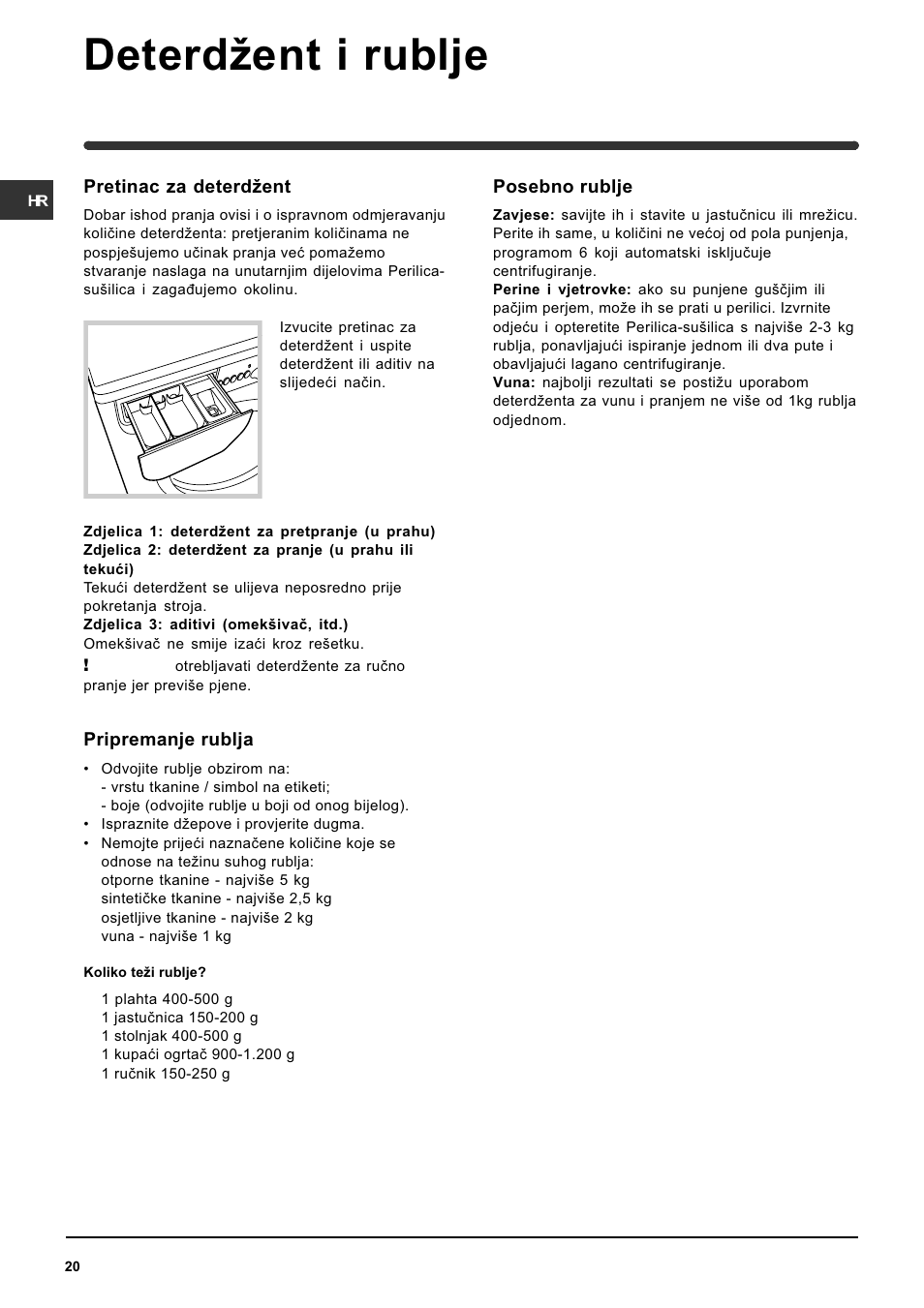 Deterdent i rublje | Indesit WIDL 126 S User Manual | Page 20 / 48