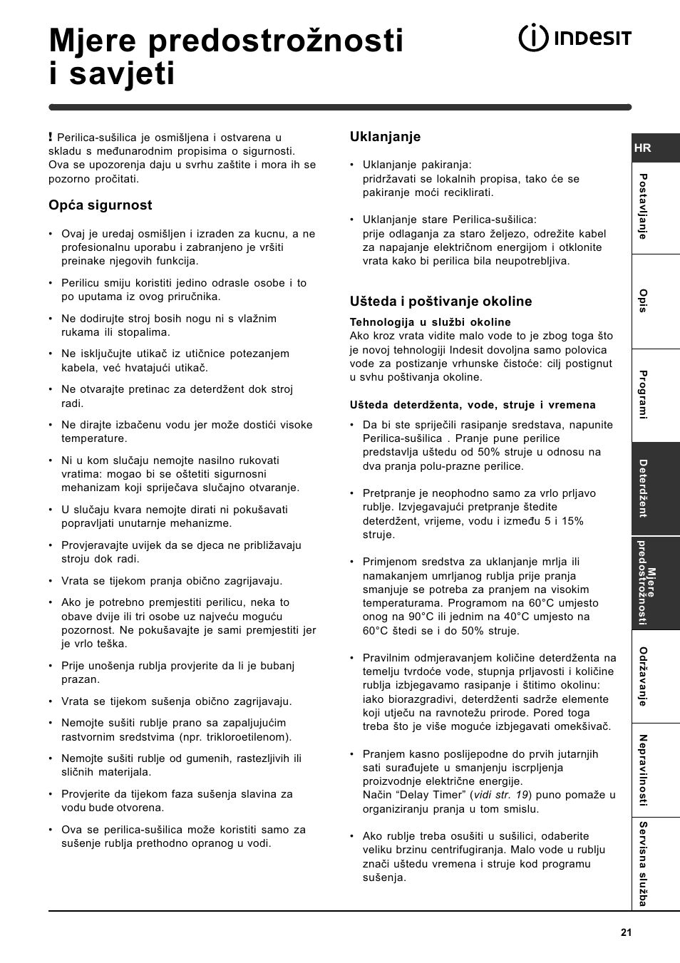 Mjere predostronosti i savjeti | Indesit WIDL 126 S User Manual | Page 21 / 48