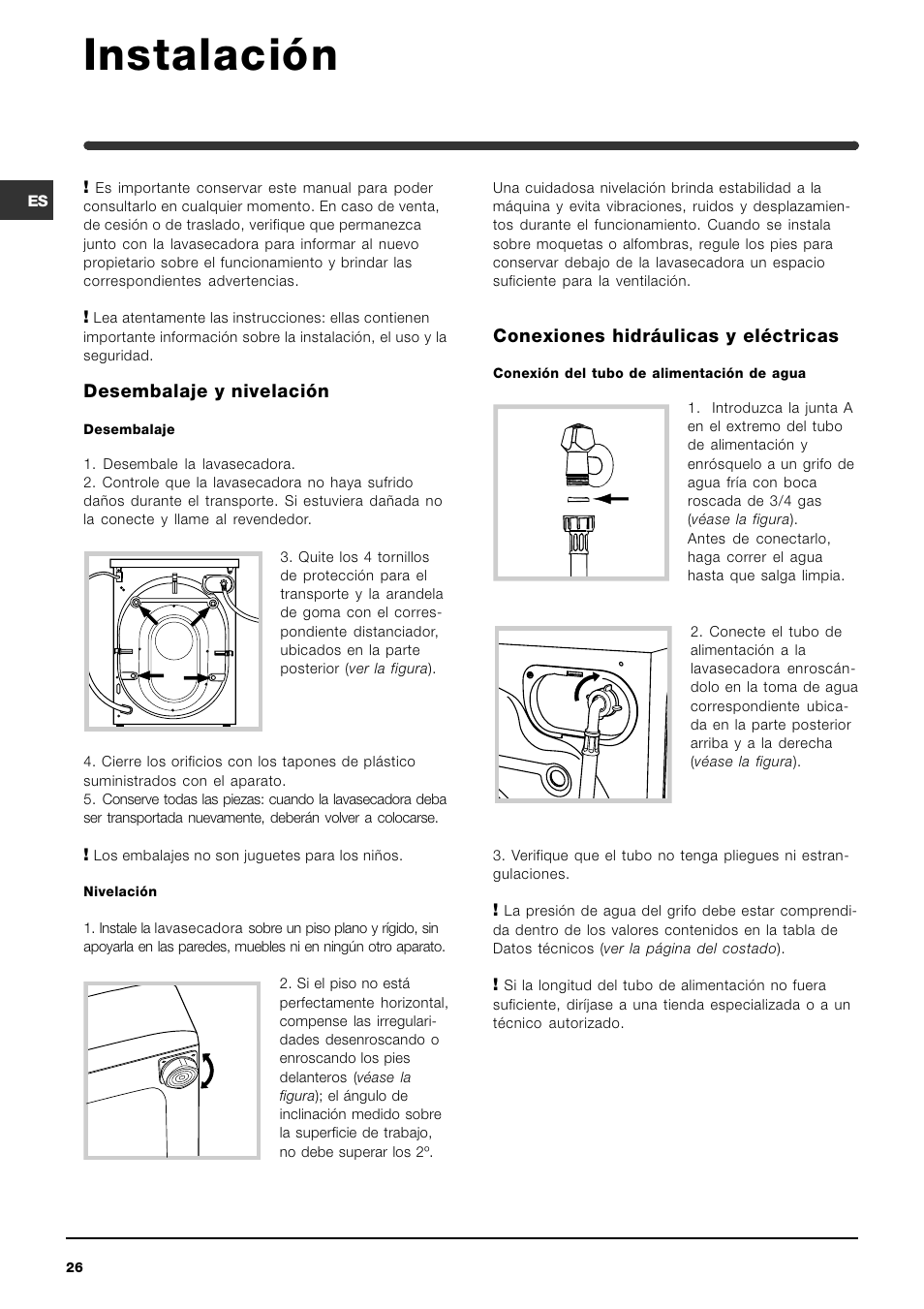 Instalación, Desembalaje y nivelación, Conexiones hidráulicas y eléctricas | Indesit WIDL 126 S User Manual | Page 26 / 48