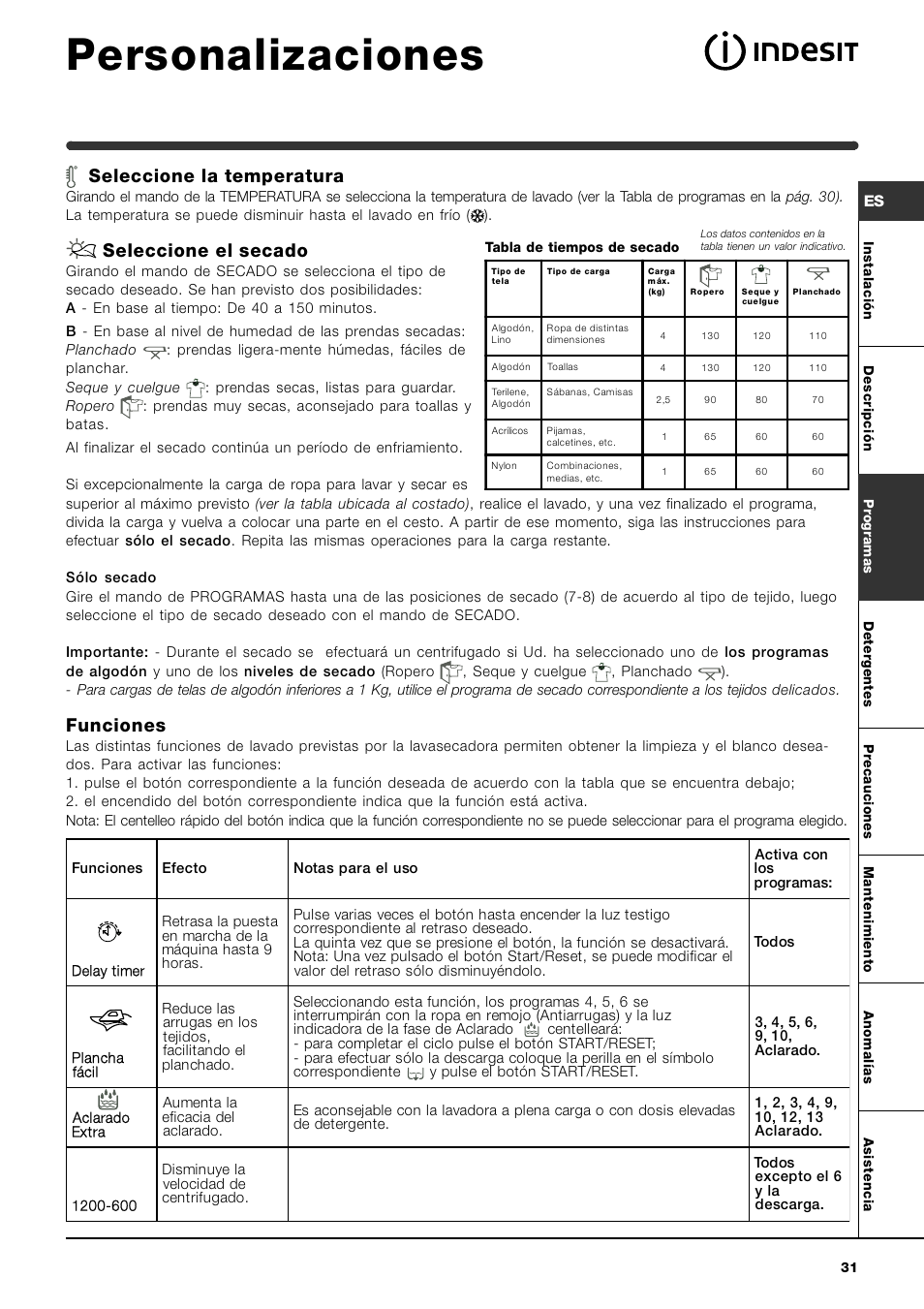 Personalizaciones, Seleccione la temperatura, Seleccione el secado | Funciones | Indesit WIDL 126 S User Manual | Page 31 / 48