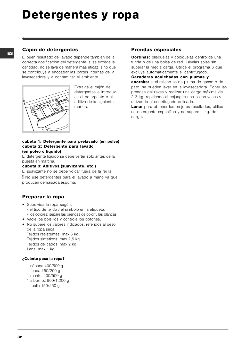 Detergentes y ropa | Indesit WIDL 126 S User Manual | Page 32 / 48