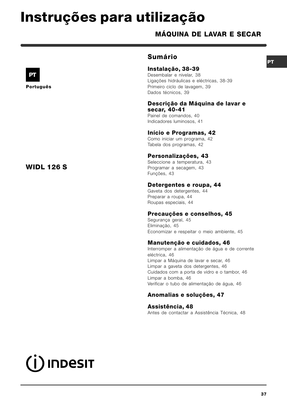 Instruções para utilização, Sumário, Máquina de lavar e secar widl 126 s | Indesit WIDL 126 S User Manual | Page 37 / 48