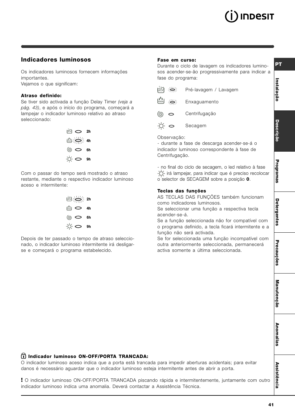 Indicadores luminosos | Indesit WIDL 126 S User Manual | Page 41 / 48