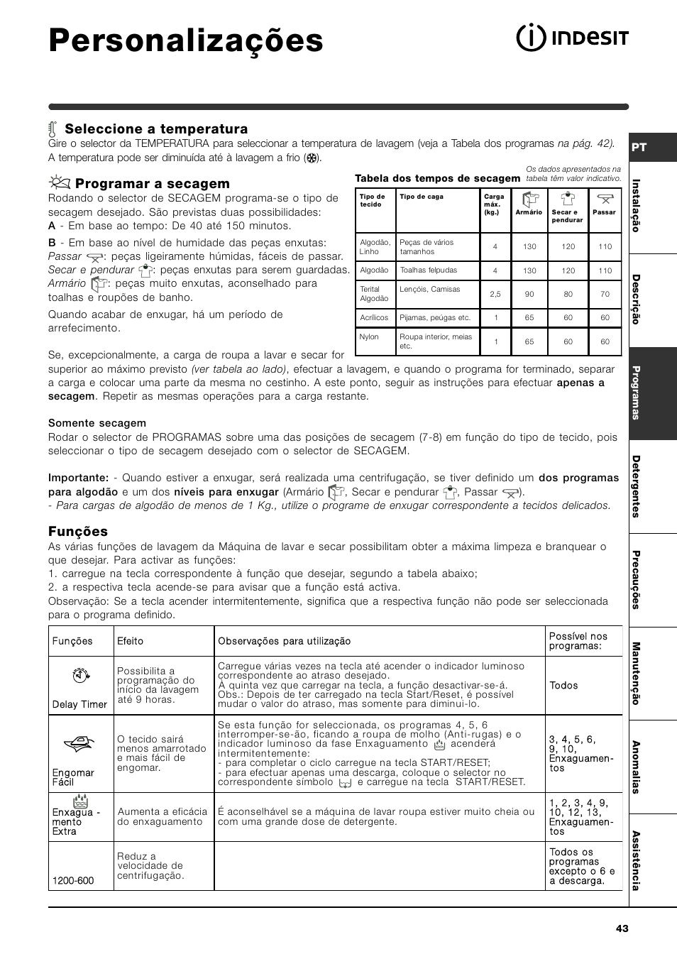 Personalizações, Seleccione a temperatura, Programar a secagem | Funções | Indesit WIDL 126 S User Manual | Page 43 / 48