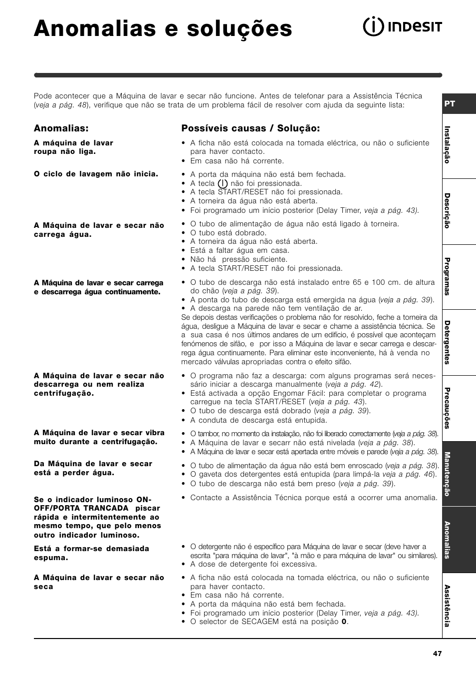 Anomalias e soluções, Anomalias, Possíveis causas / solução | Indesit WIDL 126 S User Manual | Page 47 / 48