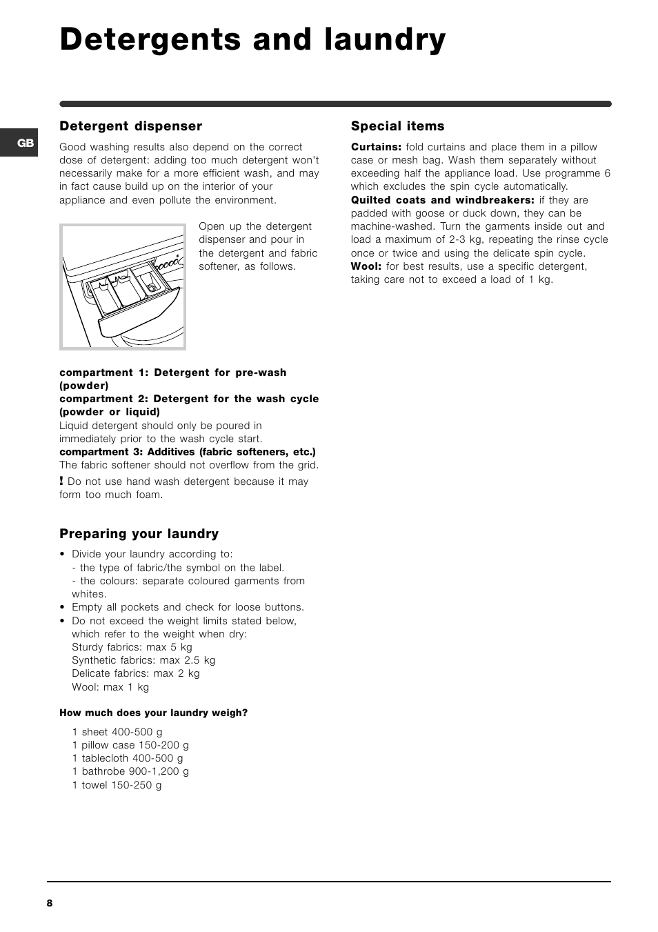 Detergents and laundry | Indesit WIDL 126 S User Manual | Page 8 / 48