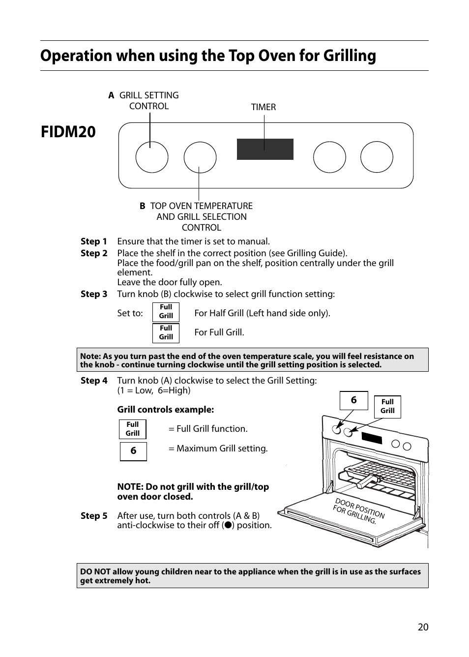 Operation when using the top oven for grilling, Fidm20 | Indesit FIDM20 User Manual | Page 21 / 44