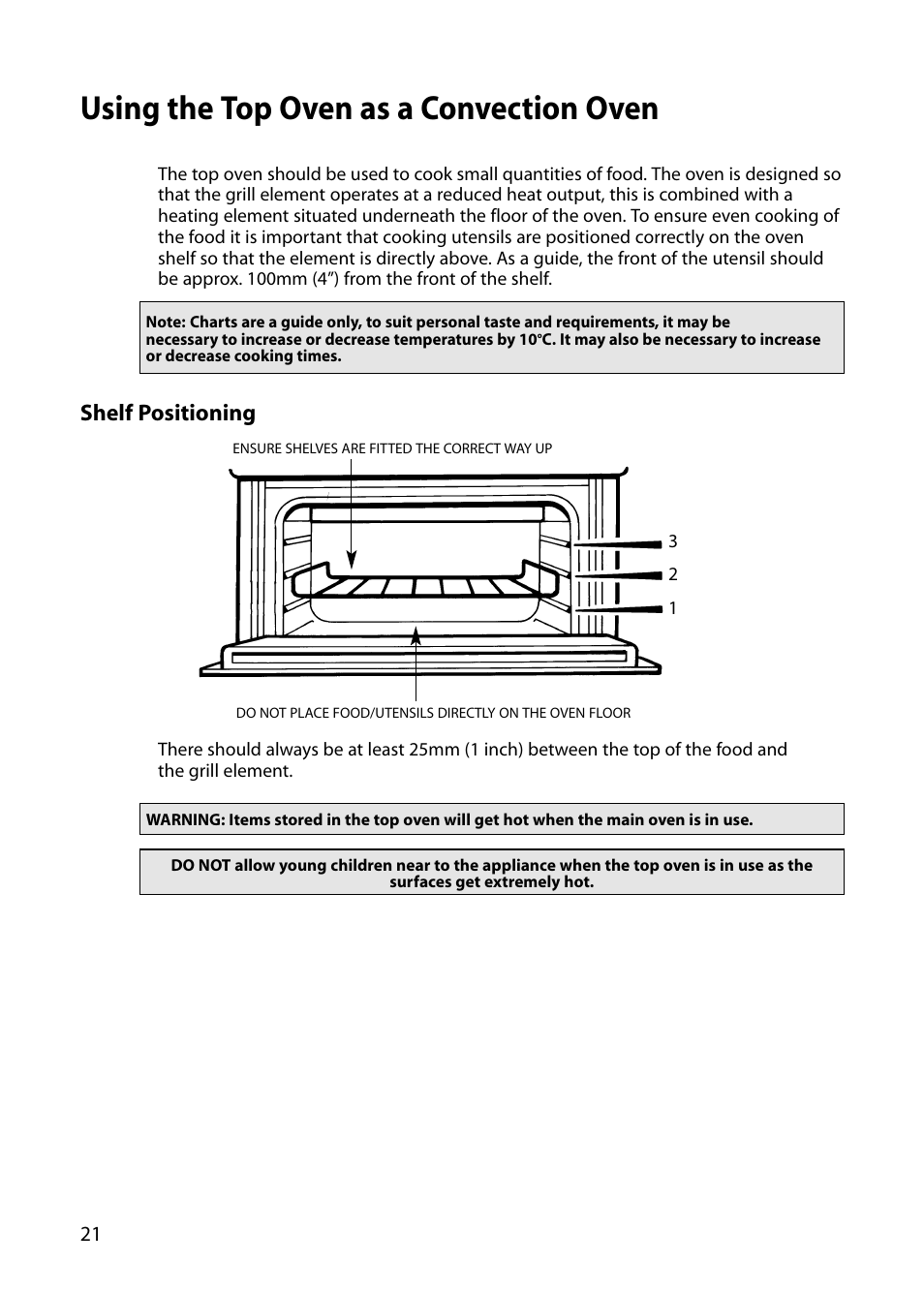 Using the top oven as a convection oven, Shelf positioning | Indesit FIDM20 User Manual | Page 22 / 44