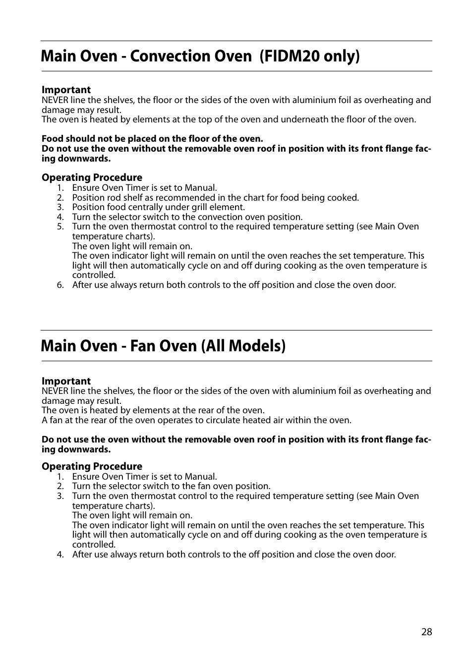 Main oven - convection oven (fidm20 only), Main oven - fan oven (all models) | Indesit FIDM20 User Manual | Page 29 / 44